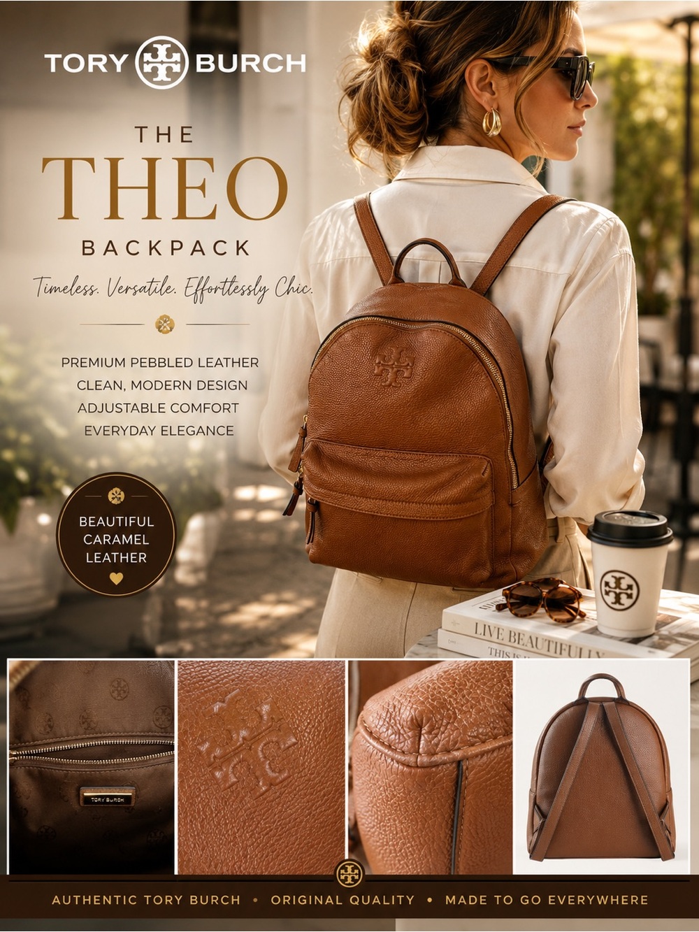 Tory Burch Theo Pebbled Leather Backpack Cognac Brown Large Travel Laptop Bag